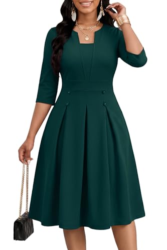 FANDEE Women's Church Midi Dress, 3/4 Sleeve A-Line Fit and Flare Work Dresses with Pockets - color: 003green, size: Large