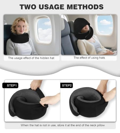 Hat-style travel neck pillow, upgraded version of airplane neck pillow - color: Black