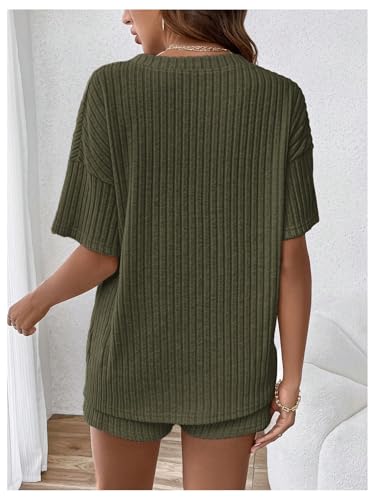 MakeMeChic Women's Maternity 2 Piece Sets Ribbed Shirt and Biker Shorts - color: Olive Green, size: Small