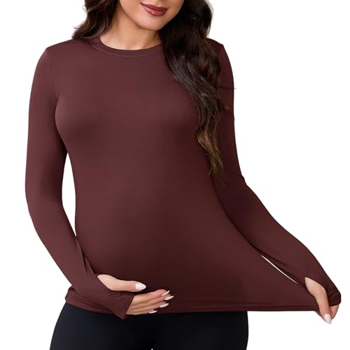 Women Maternity Stretchy Fitted Crew Neck Long Workout Tops - color: Dark Red, size: Small