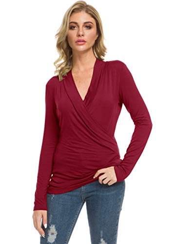 Afibi Womens Slim Fitted Deep V Neck Cross Wrap Top Long Sleeve T-Shirts - color: Burgundy, size: Large