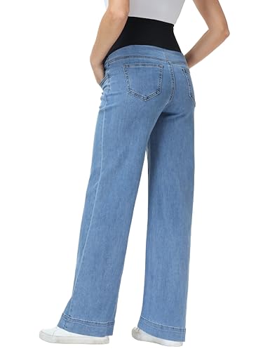 Foucome Maternity Jeans Wide Leg Trendy Pregnancy Denim Pants - color: Blue, size: Medium