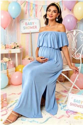 Off Shoulder Ruffle Sleeve Maternity Maxi Dress Side Slit - color: Light Blue, size: Medium