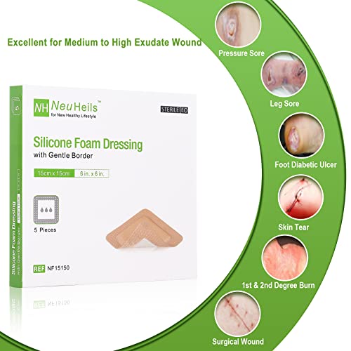 NeuHeils Silicone Foam Dressing with Border 6x6 Inch, 5 Pack for Bed Sores - size: 6''x6'' (Pack of 5)