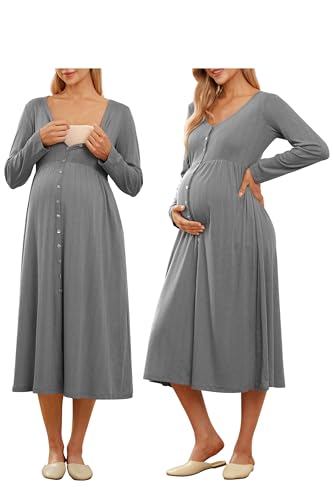 OUGES Cotton Blend Maternity Pajamas Nightgown Button Down Nursing Gown Labor Delivery Breastfeeding Dress with Pockets - color: Grey, size: Small