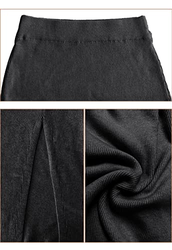 HERBATOMIA Midi Pencil Basic Skirt Casual Solid Split Side Stretchy Ribbed Knit Bodycon Mid Length Skirts for Women - color: Black, size: Small