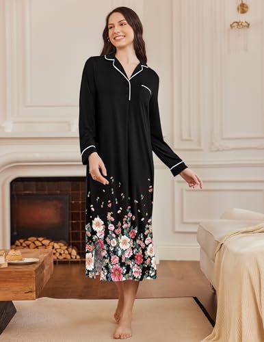 Ekouaer Long Sleeves Nightgowns for Women Button Down Night Gown - color: Black Flower, size: Small