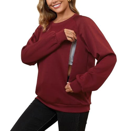DEBELLY Nursing Friendly Sweatshirt for Breastfeeding Dual Zippers - color: Burgundy Red, size: Small