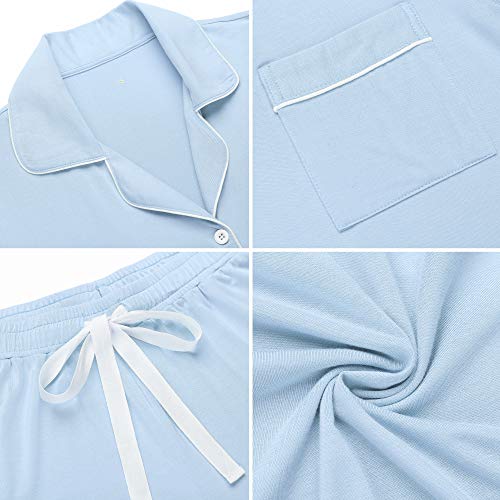Samring Womens Pajamas Set Short Sleeve Button Down Sleepwear 2 Piece Pjs - color: Light Blue, size: Small
