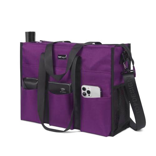 TOPDesign Utility Water Resistant Tote Bag with 22 Pockets, Zipper Closure - color: Purple, size: Medium