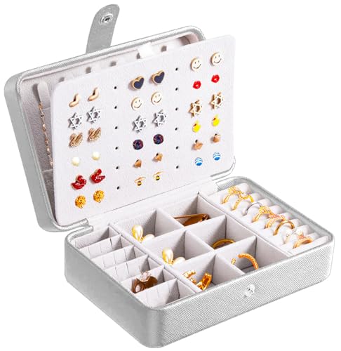 QBestry All-in-One Travel Jewelry Organizer for Women Silver | Small Jewelry Box with 68 Earring Holes | Compact Portable Jewelry Case for Earrings, Rings, Necklaces | Perfect Gifts for Mom Wife Girls - color: Silver, size: Small