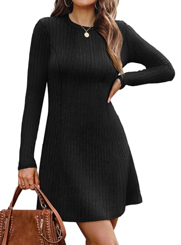 OFEEFAN Fall Dresses for Women 2026 Long Sleeve Crew Neck Sweater Dress - color: Black, size: Large