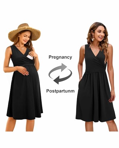 OUGES Womens V-Neck Sleeveless Summer Floral Maternity Dresses Nursing Gown Breastfeeding Dress - color: Black-sleeveless, size: Large