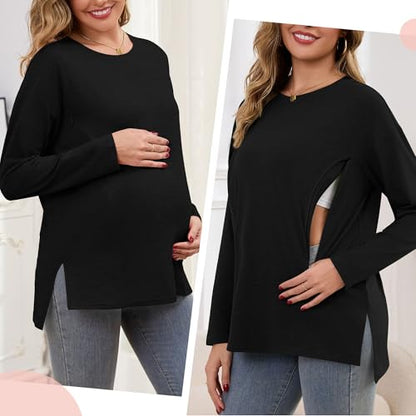 Women's Nursing Shirts Long Sleeve with Hidden Zipper Oversized Breastfeeding Tops Side Split Maternity Blouse - color: Black, size: Medium