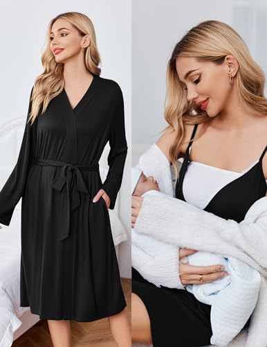 Ekouaer Nursing Nightgown and Maternity Robe Set Labor and Delivery Gown - color: A Black, size: Large
