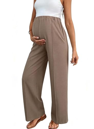 BLENCOT Women's Maternity Pants Work Adjustable Waisted Wide Leg Waffle Knit Trousers Pregnancy Clothes with Pockets - color: Khaki, size: Medium