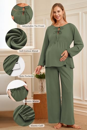 OUGES Womens Cotton Blend Maternity Pajama Sets Tie Front Loungewear Pregnancy Sleepwear Top & Long Pants with Pockets - color: Army Green, size: X-Large