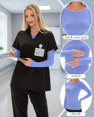 4 Pack Womens Crew Neck Long Sleeve Underscrub Shirts - color: Black, White, Navy Blue, Ceil Blue, size: Small