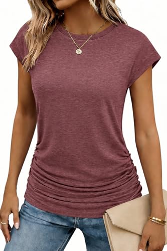 Zeagoo Women's Cap Short Sleeve T-Shirts Ruched Crew Neck Trendy Fashion Tunic Blouse - color: 2-dark Red, size: XX-Large