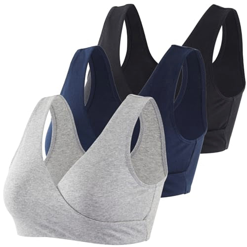 Women's Cotton Wireless Sleep Bra for Nursing and Maternity - color: Black+grey+navy Blue, size: Large