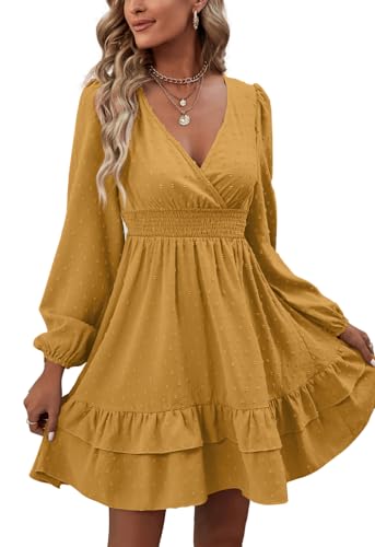 Rooscier Women's Wrap V Neck Swing Ruffle Swiss Dots Long Sleeve Mini Dress - color: Lemon Yellow, size: Small