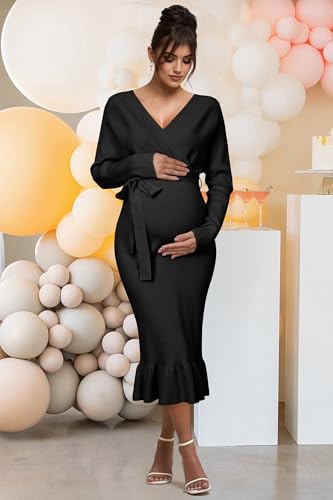 OUGES 2025 Maternity Sweater Nursing Dress for Photoshoot Baby Shower Wedding Guest Outfits Fishtail Ribbed Knit Clothes - color: Black, size: X-Large