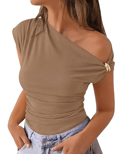 PRETTYGARDEN Womens Summer Off The Shoulder Crop Tops - color: Khaki, size: Large