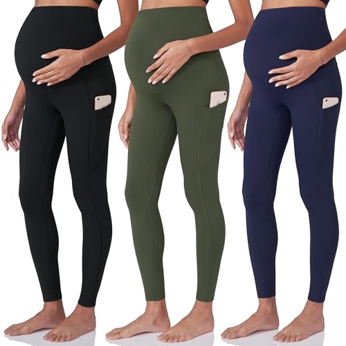 POSHDIVAH 3 Pack Women's Maternity Leggings Yoga Pants with Pockets - color: 3 Pack Black Green Navy Blue, size: X-Large