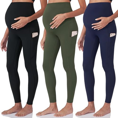 POSHDIVAH 3 Pack Women's Maternity Leggings Yoga Pants with Pockets - color: 3 Pack Black Green Navy Blue, size: X-Large