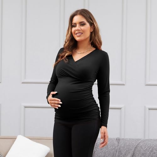Maternity Shirt Long Sleeve Top Wrap V Neck Blouse Cross Over Nursing Tshirt - color: Black /Black /Black, size: Large