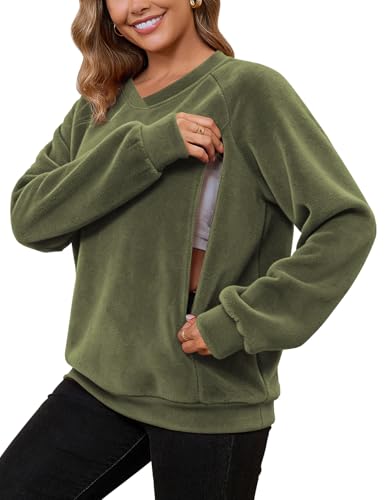Bhome Fleece Breastfeeding Shirts Hidden Zipper Nursing Tops Pumping Friendly Sweatshirt Oversized Pullover with Pockets - color: Olive Green, size: Medium