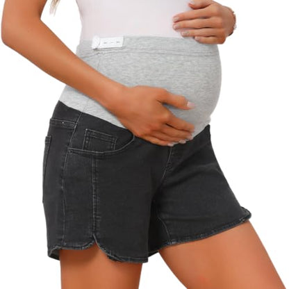 Maternity Jeans Shorts Stretchy Over Belly with Pockets - color: Light Gray, size: Large