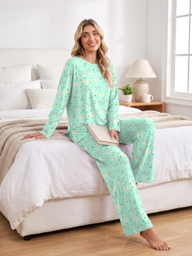 Netsmile Women Pajamas Sets 2 Piece Lounge Sets Fall Pjs Postpartum Outfits - color: Colorful Butterfly Green, size: Medium