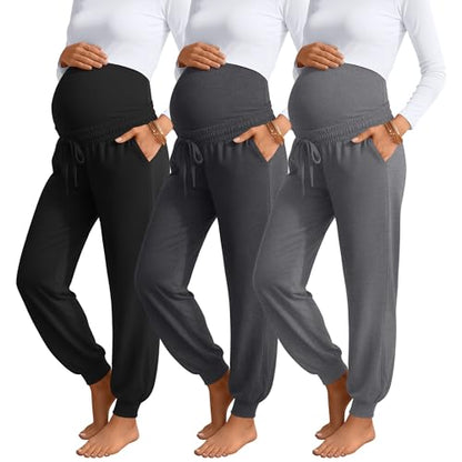 3 Pack Womens Maternity Pants Loose Pregnancy Joggers - color: Black, Light Heather Gray, Dark Heather Gray, size: Small
