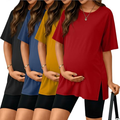 Riyiper 4 Pack Women's Short Sleeve Maternity T Shirts - color: Black, Haze Blue, Yellow, Red, size: Medium