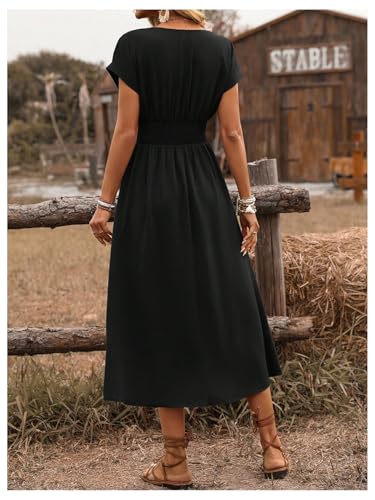 Floerns Women's Wrap V Neck Flowy Midi Dresses Short Sleeve A Line Ruched Beach Dress - color: Black, size: Large