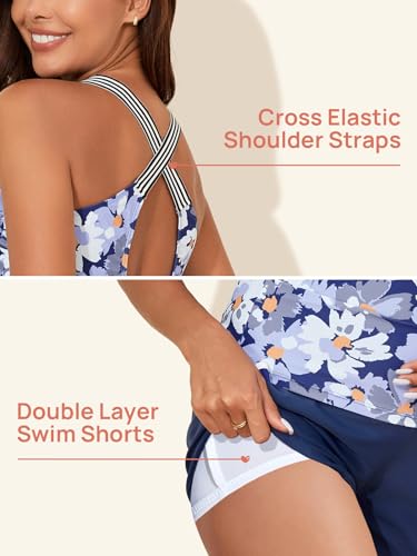 Summer Mae Maternity Two Piece Cross Back Tankini Swimsuit with Pockets - color: Dewdrop Blooms, size: 14