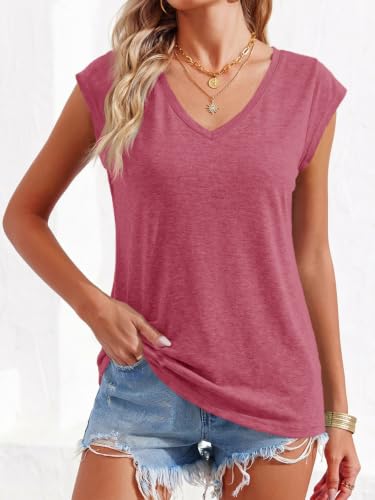 Langwyqu Womens' Cap Sleeve Tees Casual Loose Fit Basic Shirts Tank Tops - color: 00- Brick Red, size: Medium
