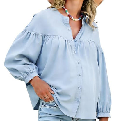 Womens Maternity Button Down Work Shirts Nursing Blouses Business Pleated Lantern Sleeve Pregnancy Office Tops - color: Blue, size: Medium
