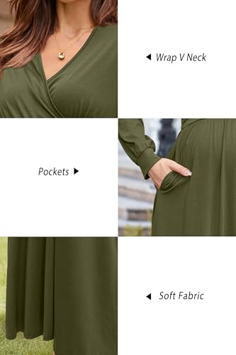 OUGES Women's Wrap Pregnancy Maxi V Neck Fall Baby Shower Maternity Dress - color: Army Green, size: XX-Large