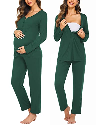 Ekouaer Maternity Nursing Pajama Set Long Sleeve Postpartum Pjs Mom Clothes - color: Green, size: X-Large