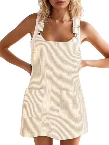 Yousify Womens Casual Denim Dress Striped Overalls Romper Jean Dress - color: Beige, size: X-Large