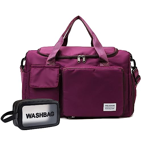Travel Bag, Large Capacity Folding Travel Bag, Sports Gym Bag with Wet Pocket & Shoes Compartment, Foldable Travel Duffel Bag, Weekender Overnight Bag for Women and Man - color: Wine Red+Toiletry Bag