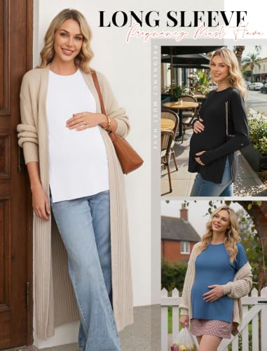 3 Pack Women Maternity Shirts Long Sleeve Pregnancy Tops with Thumb Hole - color: Black/White/Blue, size: Medium