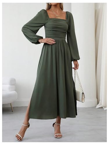 Floerns Women's Square Neck Lantern Long Sleeve Split Ruched Midi Dresses - color: Green, size: Large