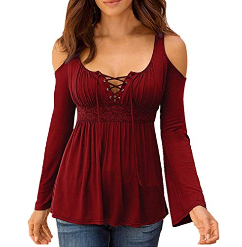Women's Cold Shoulder Lace Up Casual Tunic Solid Blouse Tops - color: #0705_burgundy, size: Small