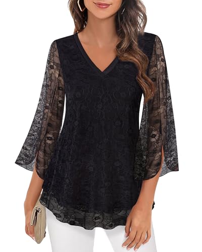 Timeson Women's 3/4 Sleeve Floral Blouses Shirts - color: Black Lace, size: Medium