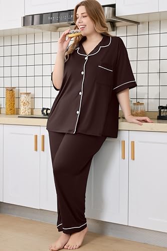 Women Plus Size Button Down Pajamas Long Pants Lounge Sets PJS - color: Brown, size: XX-Large