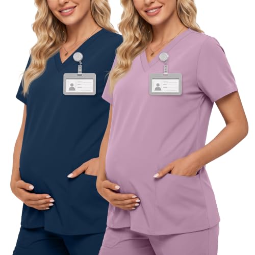 Neer 2 Pack Maternity Scrub Tops for Women - color: Light Pink, Dark Blue, size: Small