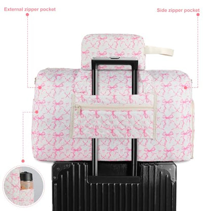 Quilted Pink Bow Duffel Bag,Weekender Bag With Shoe Compartment - color: Pink bow